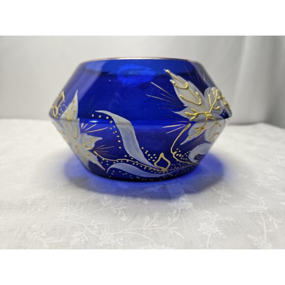 Bohemian Art Glass Short Vase in Cobalt Blue with Enameled Flowers & Gold Detail - Picture 3 of 10
